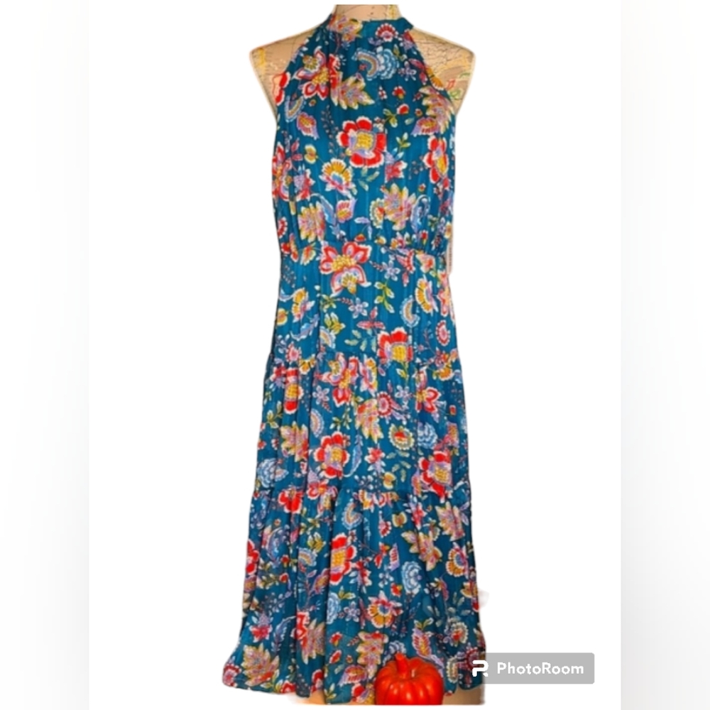 NWT Nanette Lepore Halterneck Blue Floral Midi Dress Size 8 Colorful Backless